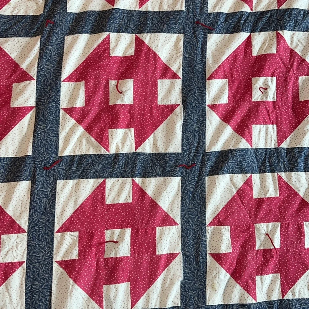 Vintage handmade Patchwork Quilt with Red and Blue Design 80” x 64”